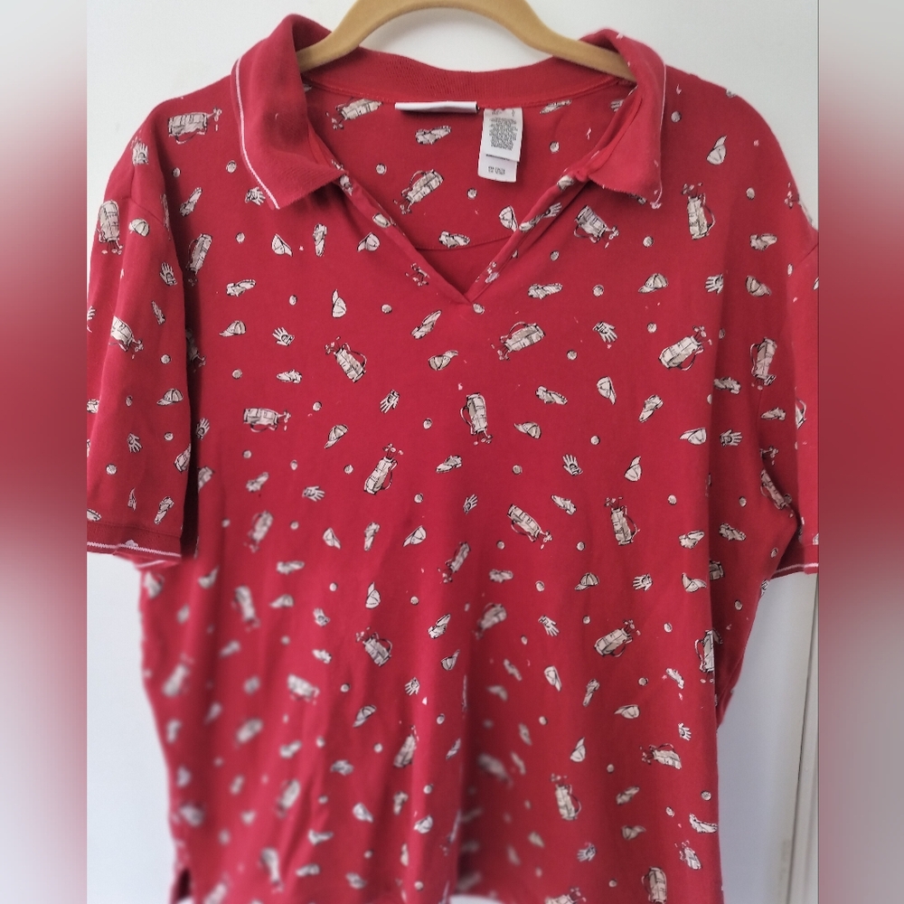 Liz Golf By Liz Claiborne Size Large Red Polo Golf Shirt With Tan Golf Print